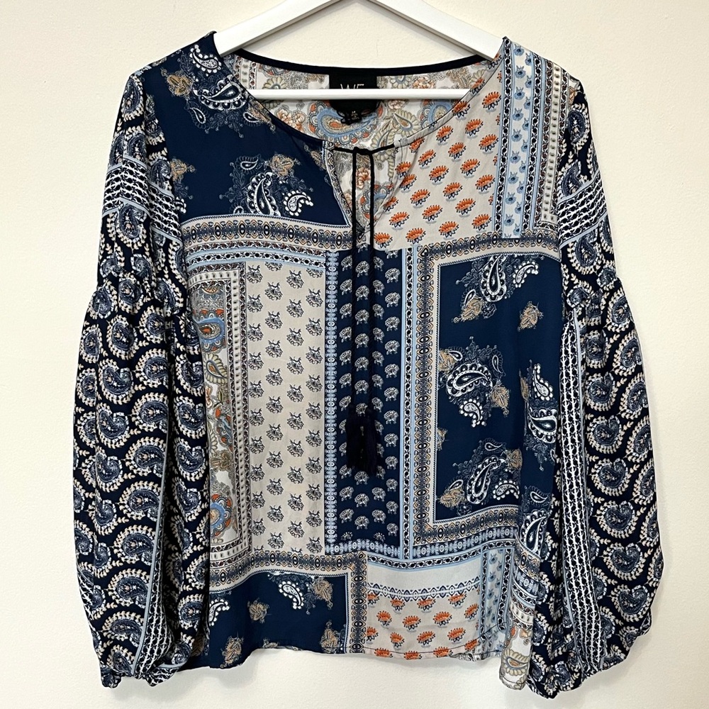 W5 • M • Paisley Floral Quilt Patchwork Print Balloon 3/4 Sleeve Blouse